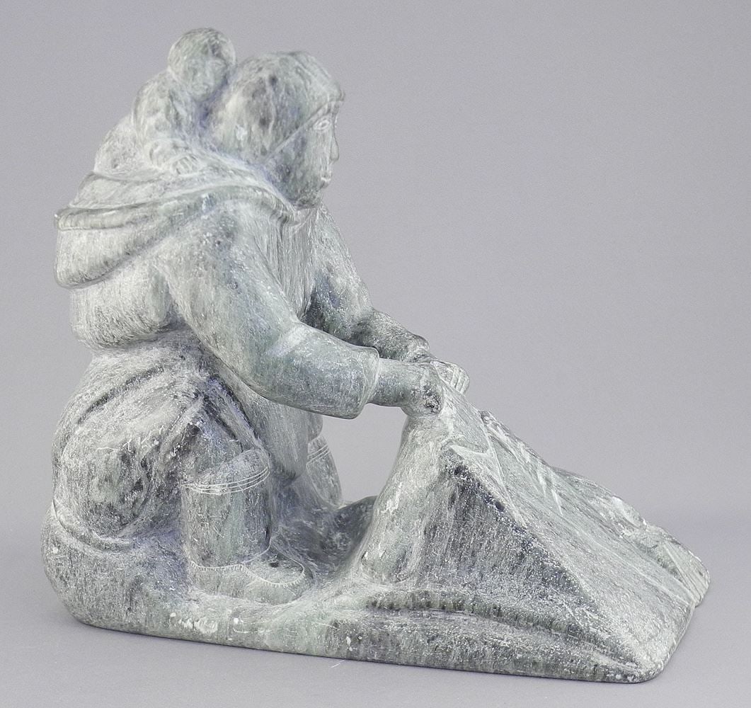 Inuit Stone Sculpture signed Masiu & with Label, 8 1/4 x 5 x 9" "Woman Scraping Seal Skin". (1 of 4)