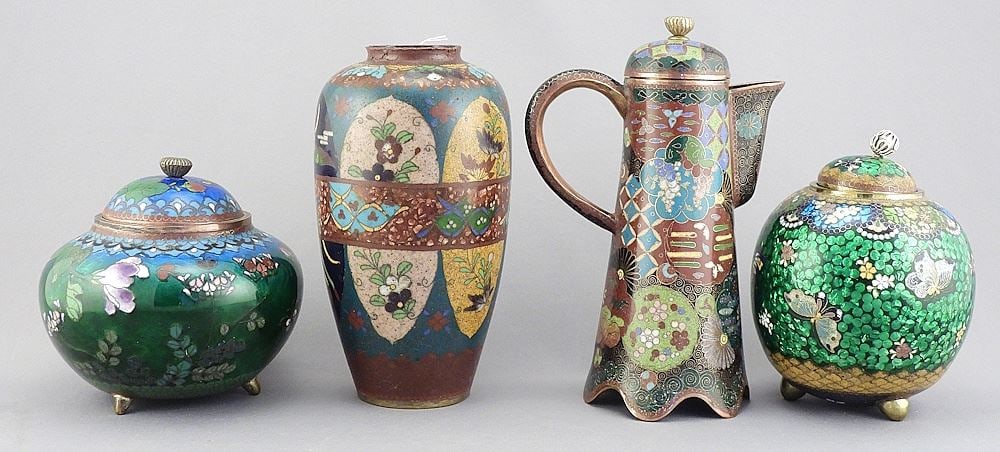 Four Japanese Ginbari & Cloisonne Wares: Ewer/Vase/2 Covered Jars, 4 - 6 1/4"h. (1 of 2)