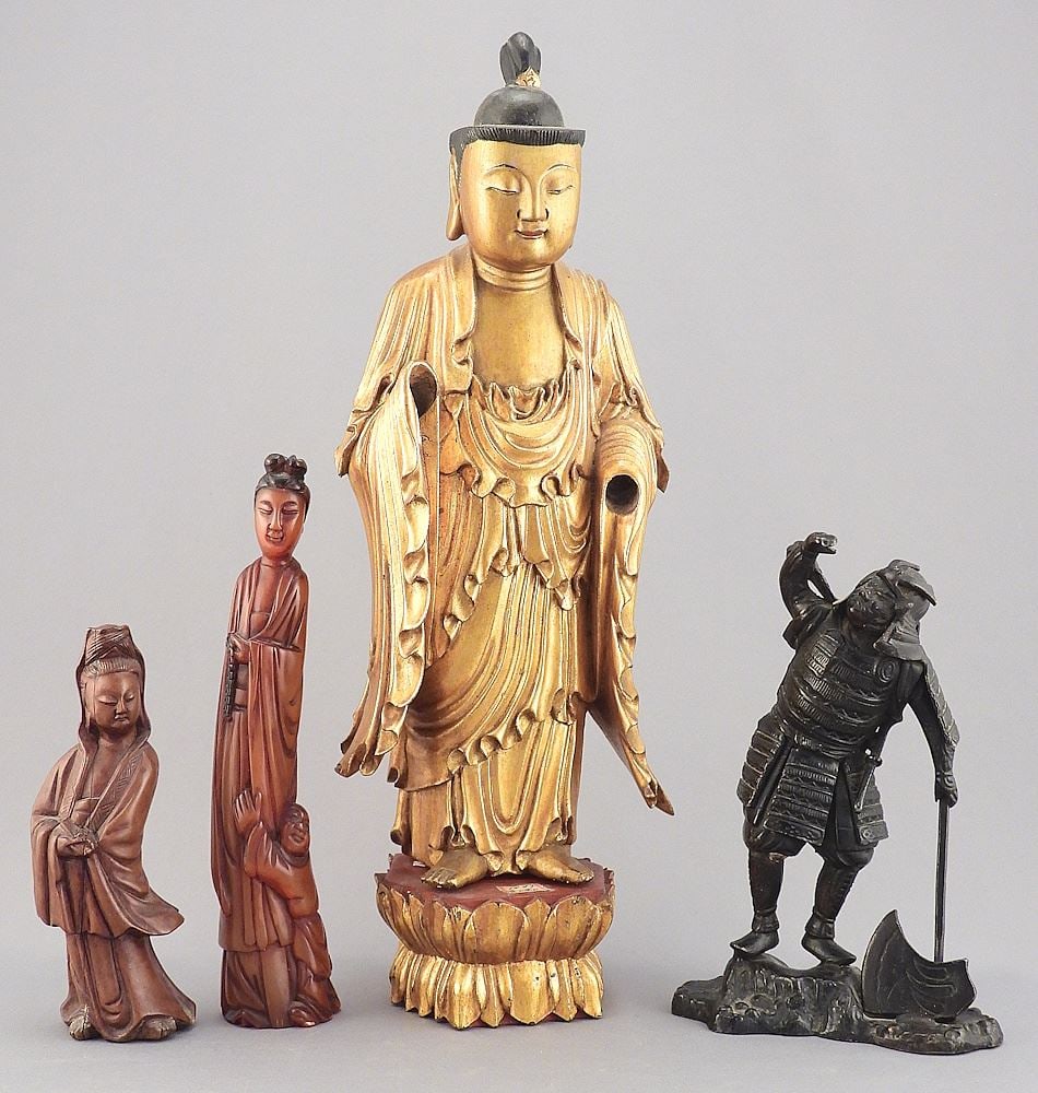 Four Asian Figurines: Giltwood (hands missing)/Bovine Horn/Wood/ Cast Iron, 5 - 12 3/8"h. (1 of 2)