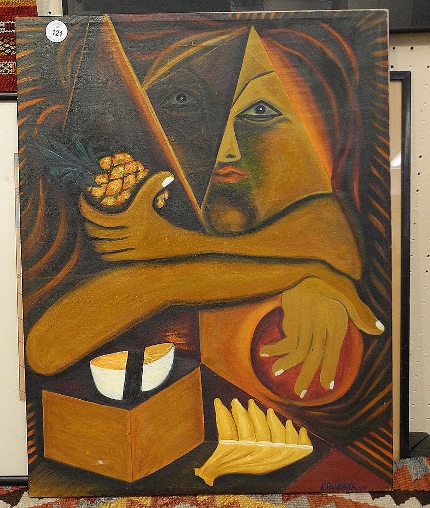 Oil on Canvas Signed Cruzata, 29 1/2" x 15 1/2", "Utopia Con Frutas". (1 of 2)