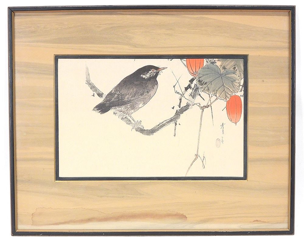 Japanese Woodblock Print by Seitei Watanabe, 7 x 11" "Starling & Snake Gourd".: Japanese Woodblock Print by Seitei Watanabe, 7 x 11" "Starling & Snake Gourd". Includes original pre T.Z. Shiota, 515 Grant Av., San Francisco Gallery Stamp on margin.