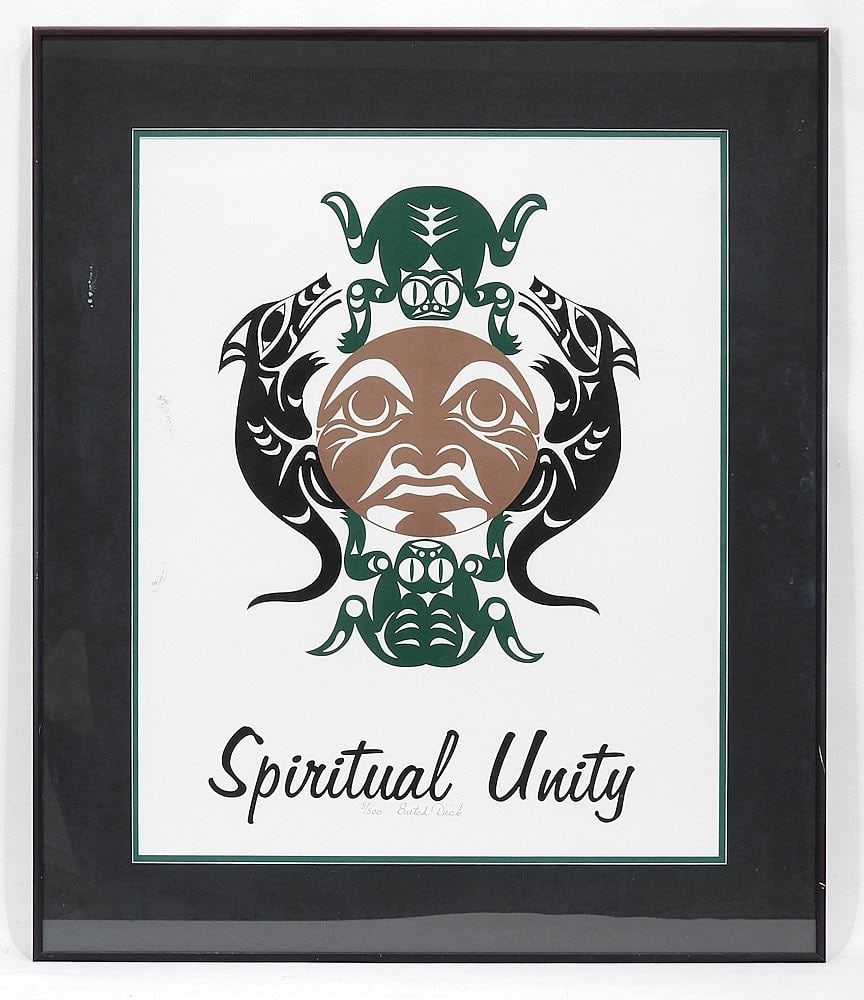 Coast Salish Colour Print signed Butch Dick, 20 3/8 x 16 1/2" "Spiritual Unity" #3/500. (1 of 3)