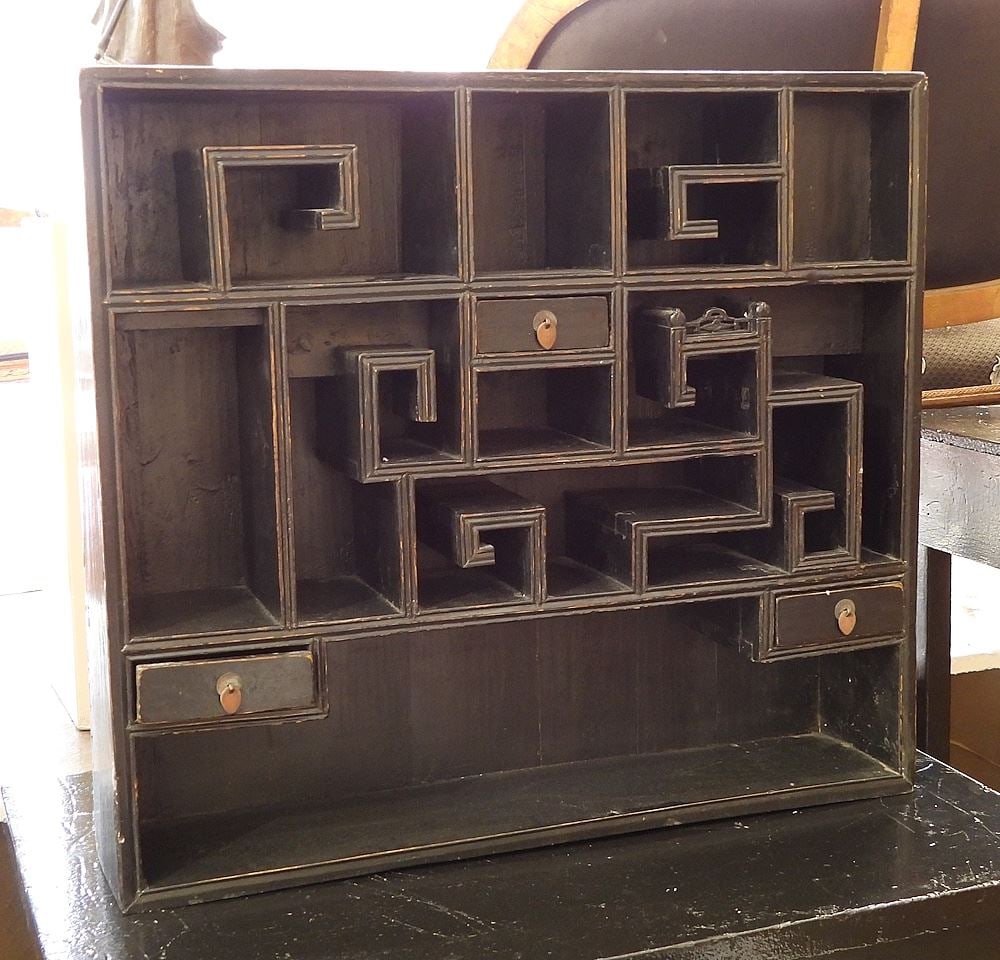 Chinese Black Lacquer Offset Shelf, 28 x 30 1/2 x 6 5/8". (1 of 2)