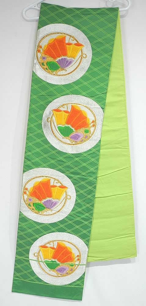 Japanese Obi, Green with Trumpeting Flower Design, Approximately 160"L.: Japanese Obi, Green with Trumpeting Flower Design, Approximately 160"L.