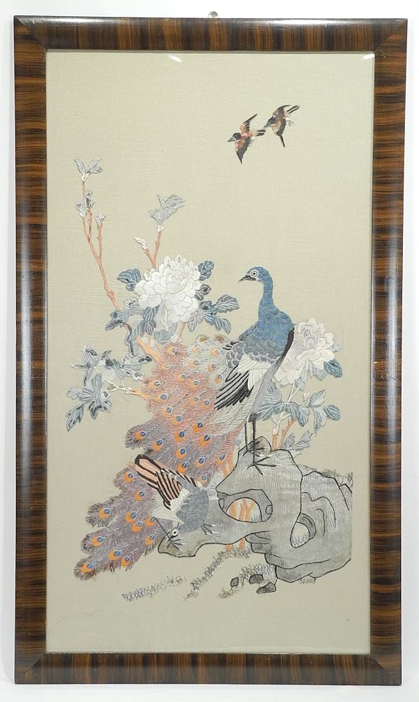 Japanese Silk "Peacock" Embroidery Panel, 37 1/2 x 20 1/4".: Japanese Silk "Peacock" Embroidery Panel, 37 1/2 x 20 1/4".