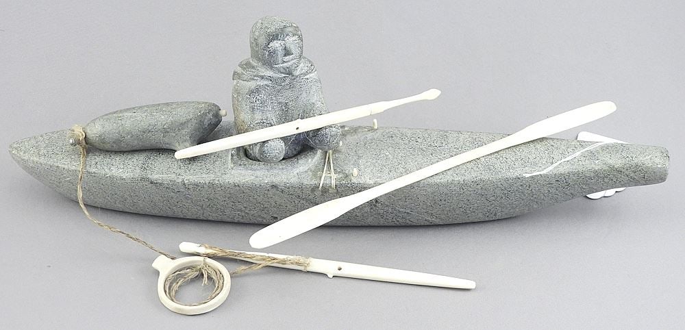 Inuit Stone & Antler Sculpture signed Noah (Jaw), 12 5/8"L "Kayak Hunter w/Seal/Equip.". (1 of 4)