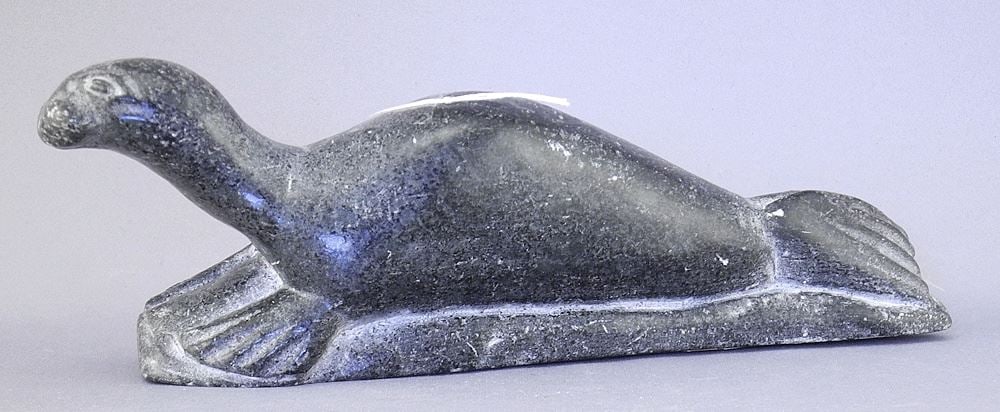 Inuit Stone Sculpture signed Peter Mah**7487, 7 5/8"L "Seal Form". (1 of 3)