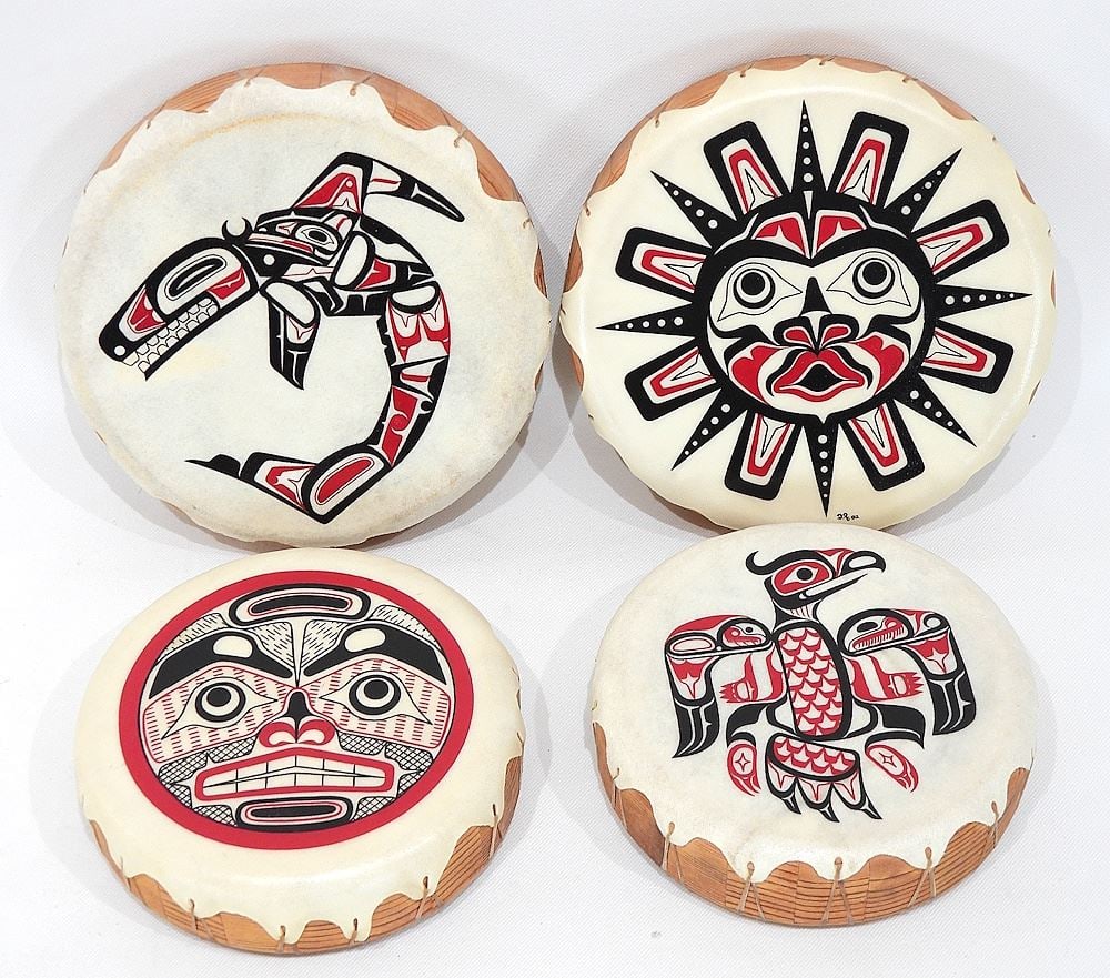 Four Small Northwest Coast Drums signed Dale Rimmer, 6 - 7" Diameter.: Four Small Northwest Coast Drums signed Dale Rimmer, 6 - 7" Diameter.