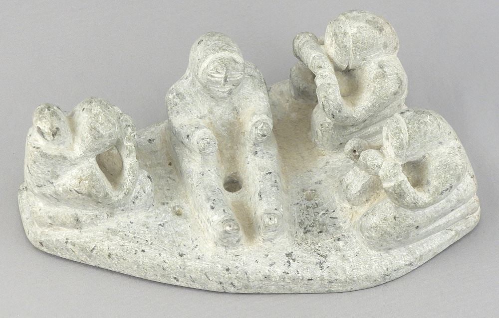 Inuit Sculpture signed Bessie Kakago, 2 5/8 x 7 1/2 x 4 3/8" "Figures Eating". (1 of 4)