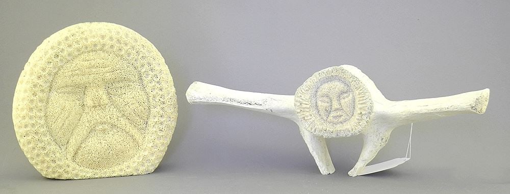 Two Inuit Fossilized Whale Bone Carvings: Mask signed BB & Flying Shaman signed Crow, 5 1/2 (1 of 5)