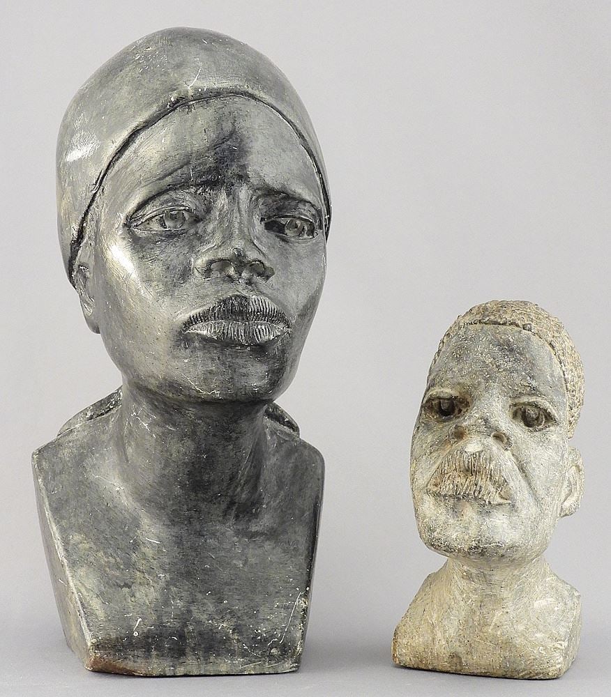 Two Shona Stone Sculptures, 10 & 5 5/8"h, Female & Male Busts. (1 of 4)