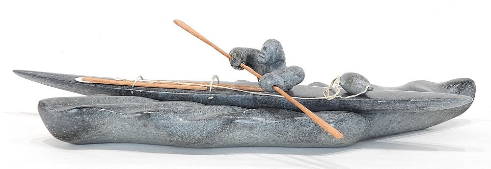 Inuit Sculpture signed Indistinctly, 4 3/8 x 20 1/2 x 8" "Kayaker" (hand restored). (1 of 3)
