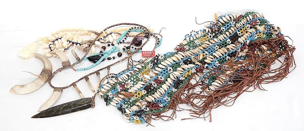 Collection of Ethnic Necklaces & Beaded Skirt: Bison Teeth & Boar Noted, CDN BIDDERS ONLY. (1 of 3)