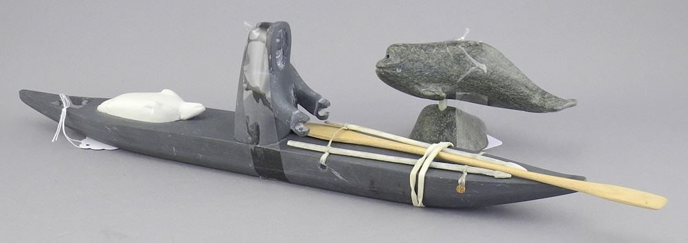 Inuit Stone Sculpture signed Charly Kiyok, 13 5/8"L "Kayaker with Small Beluga". (1 of 4)