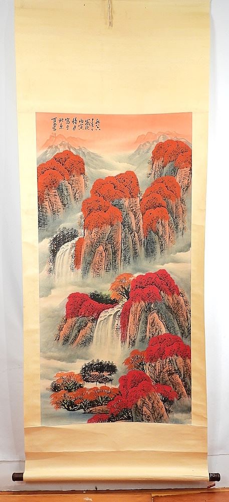 Chinese Ink & Colour Landscape Scroll, Sight 50 1/2 x 25". (1 of 5)