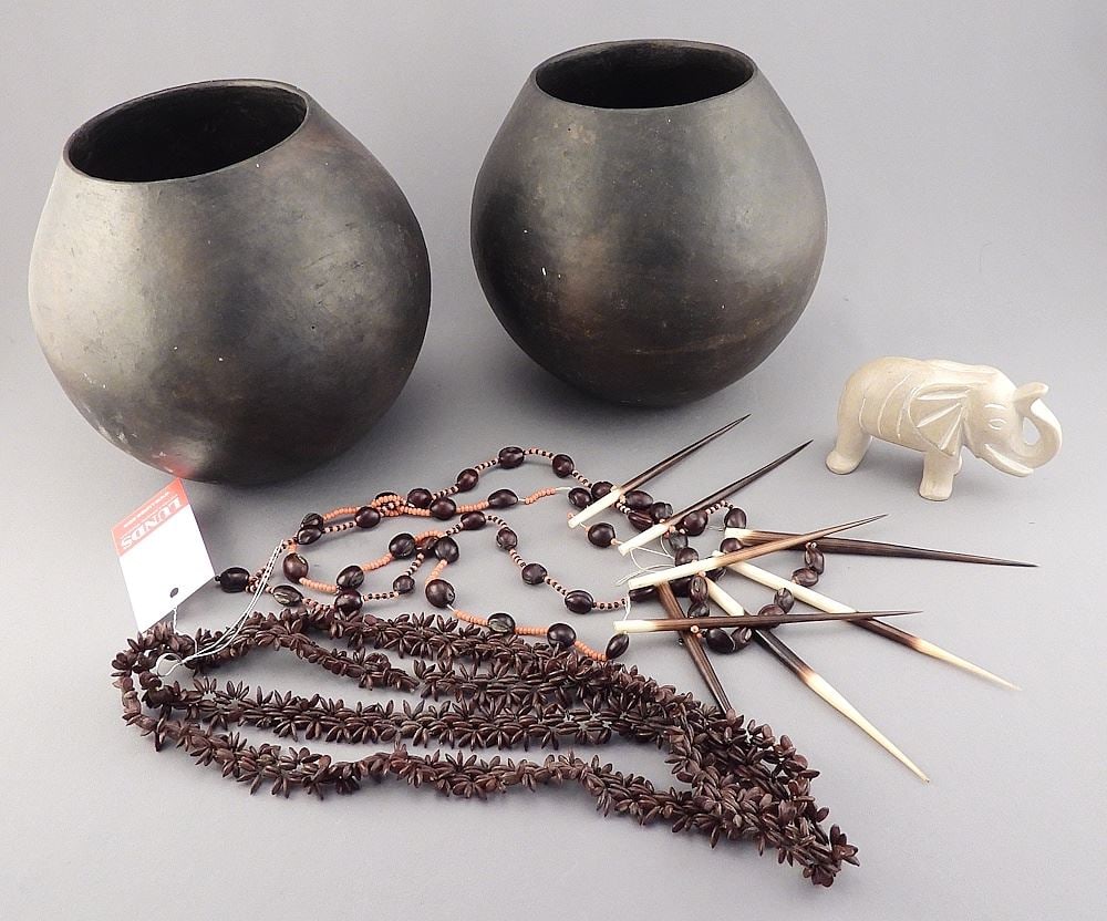 Two Maasai Cooking Pots (6 3/8"h) with Kisii Stone Elephant & 3 Seed & Porcupine Necklaces. (1 of 3)