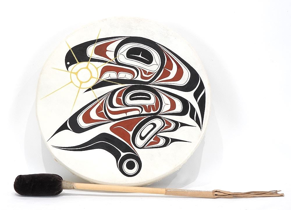 Nisga'a/Haida Drum signed Wayne Young, 2 3/4 x 15 3/4" "Raven Steals The Light" with Stick. (1 of 4)