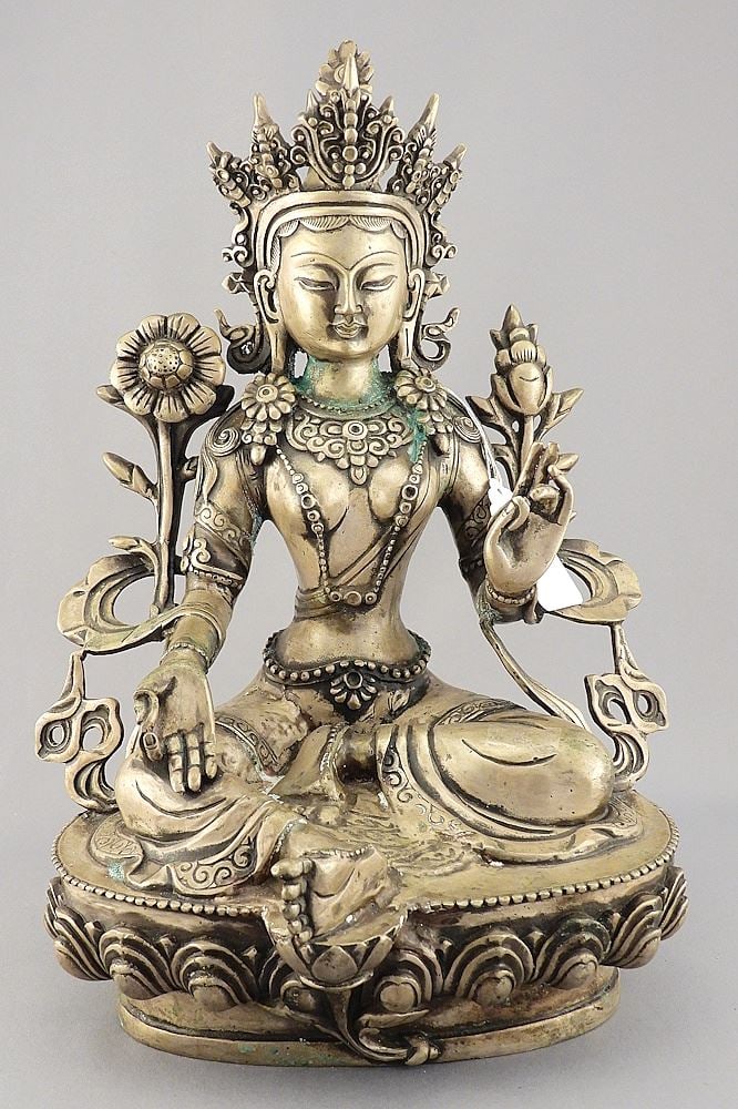 Tibetan White Metal Figure of Green Tara, 11 1/8"h. (1 of 2)