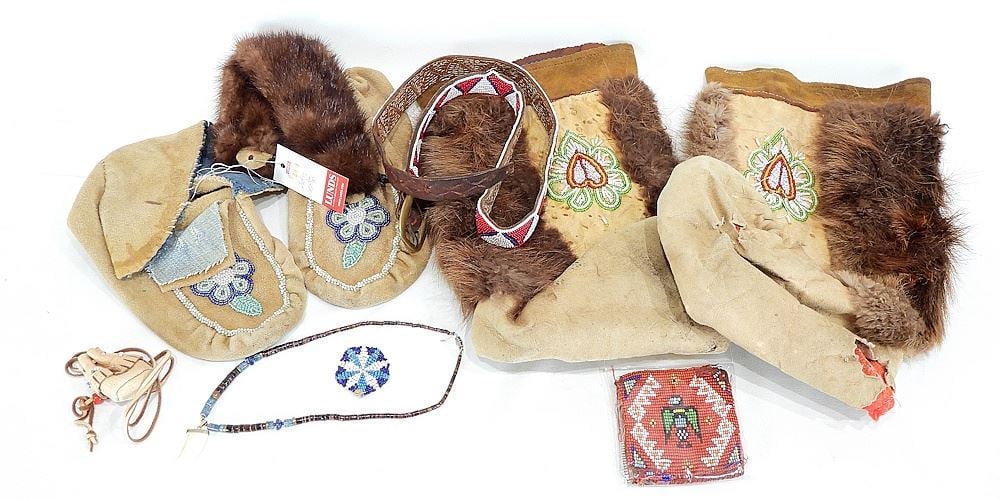 Collection of Old Cree Beaded & Tanned Hide Moccasins & Boots w/Belt & Sundries.: Collection of Old Cree Beaded & Tanned Hide Moccasins & Boots w/Belt & Sundries.