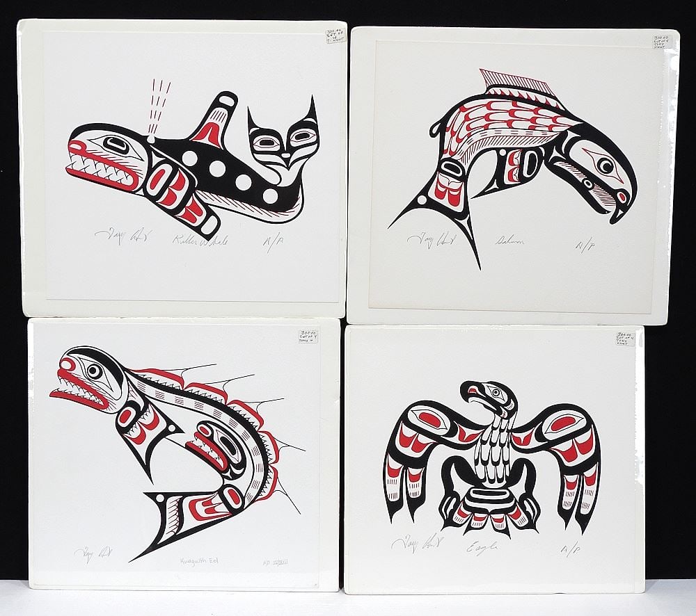 Four Kwagiulth Serigraphs signed Tony Hunt, 10 x 10 3/4" "Salmon" "Eel" "Eagle" "Killer...". (1 of 4)