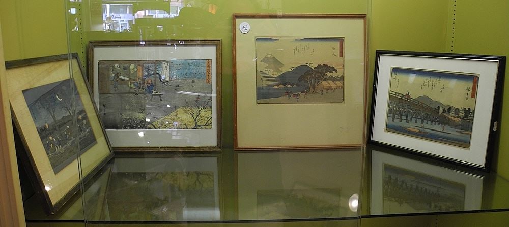 Four Japanese Prints by Hiroshige, Largest 7 1/4 x 12" (as found). (1 of 3)