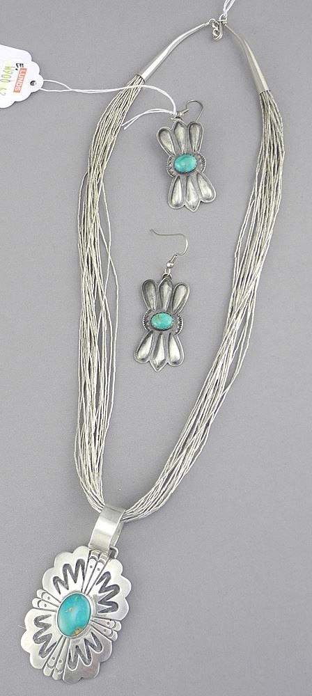 Navajo Tim Singer Turquoise Sterling Pendant & R.J. Sterling Earrings, 44.4g.: Navajo Tim Singer Turquoise Sterling Pendant & R.J. Sterling Earrings, 44.4g.