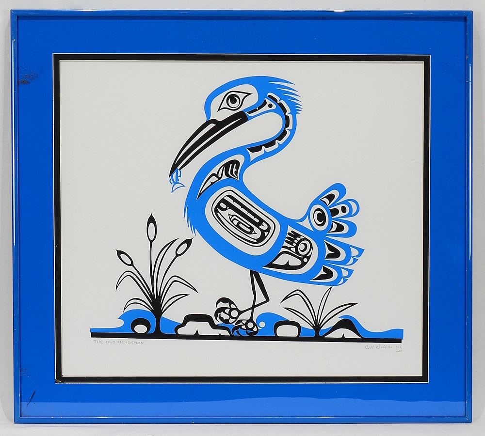 Haida Serigraph signed Bill Bellis, 13 3/8 x 15 3/8" "The Old Fisherman" #42/225.: Haida Serigraph signed Bill Bellis, 13 3/8 x 15 3/8" "The Old Fisherman" #42/225.