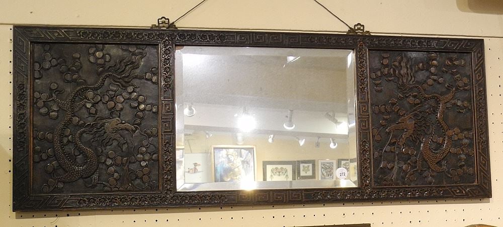 Chinese Carved Wood Triple Wide Mirror, 16 1/2 x 46". (1 of 1)