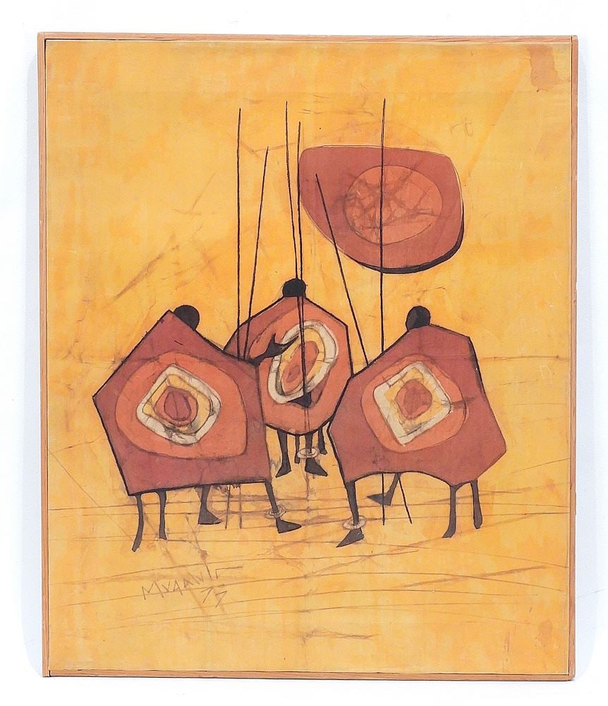 African Mixed Media on Canvas signed Mvaanda '73, 19 x 16" "Three Hunters ". (1 of 2)