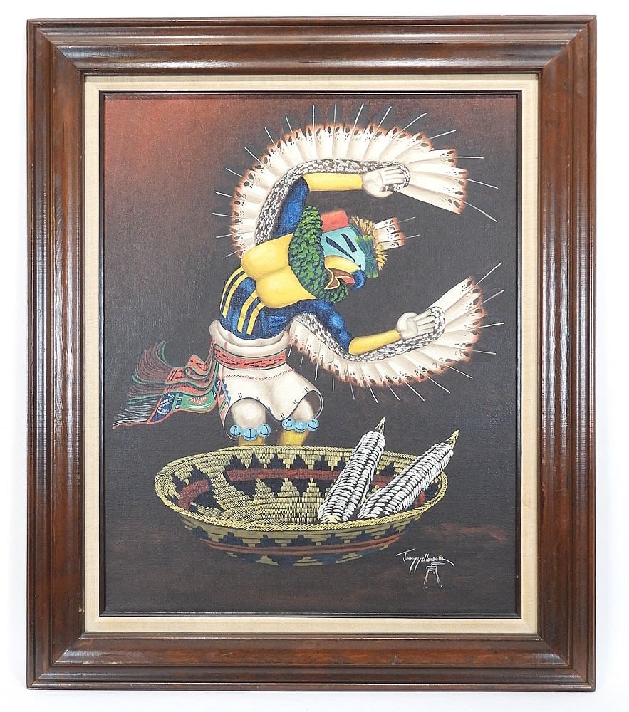 Oil on Canvas signed Jimmy Yellowhair, 30 x 24" "Dancing Kachina" '77. (1 of 3)