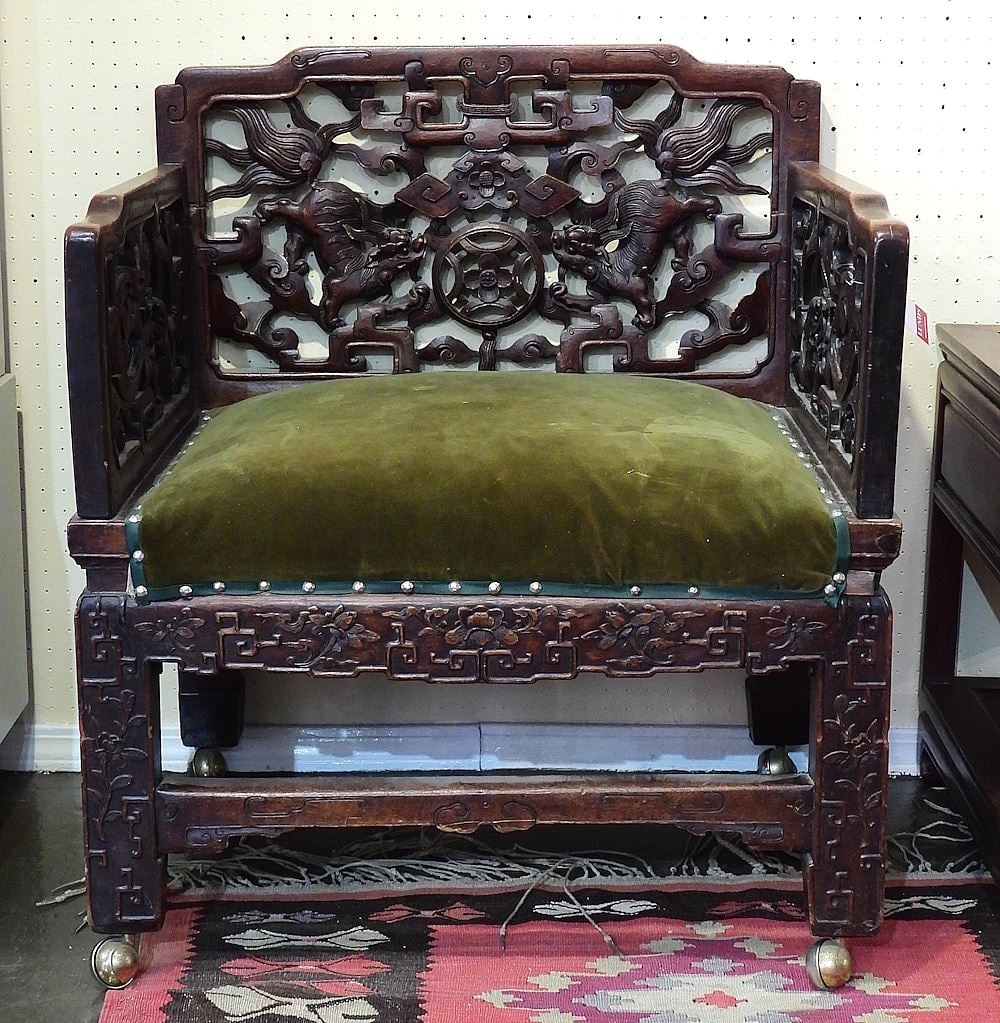 Chinese Hardwood Wide Chair, 33 x 30 x 24 1/4". (1 of 3)