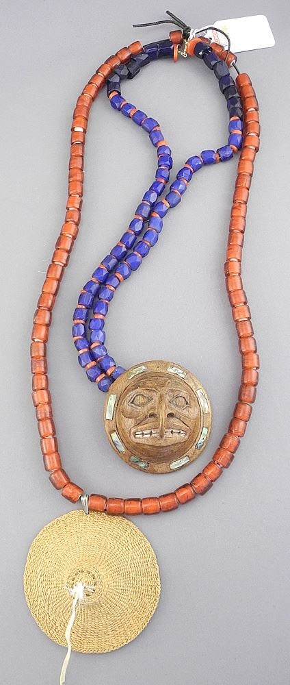 Two Strands of Trade Beads with Miniature Basketry Hat & SE Asian Sun Mask. (1 of 2)