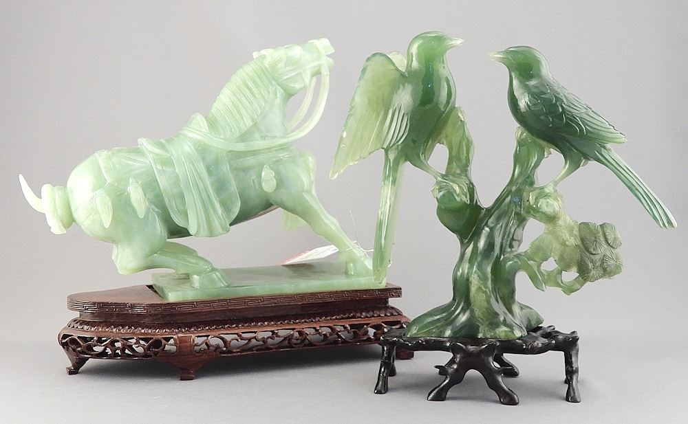 Carved Jadeite Horse on Stand, 10 1/2" & Birds 8". (1 of 3)