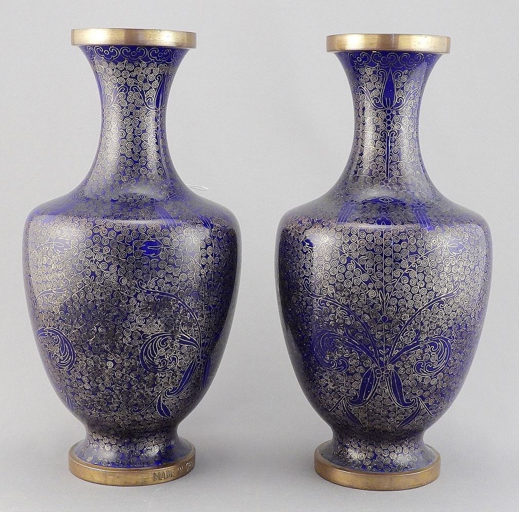 Pair of Chinese Cobalt Ground Cloisonne Vases, 9"h. (1 of 2)