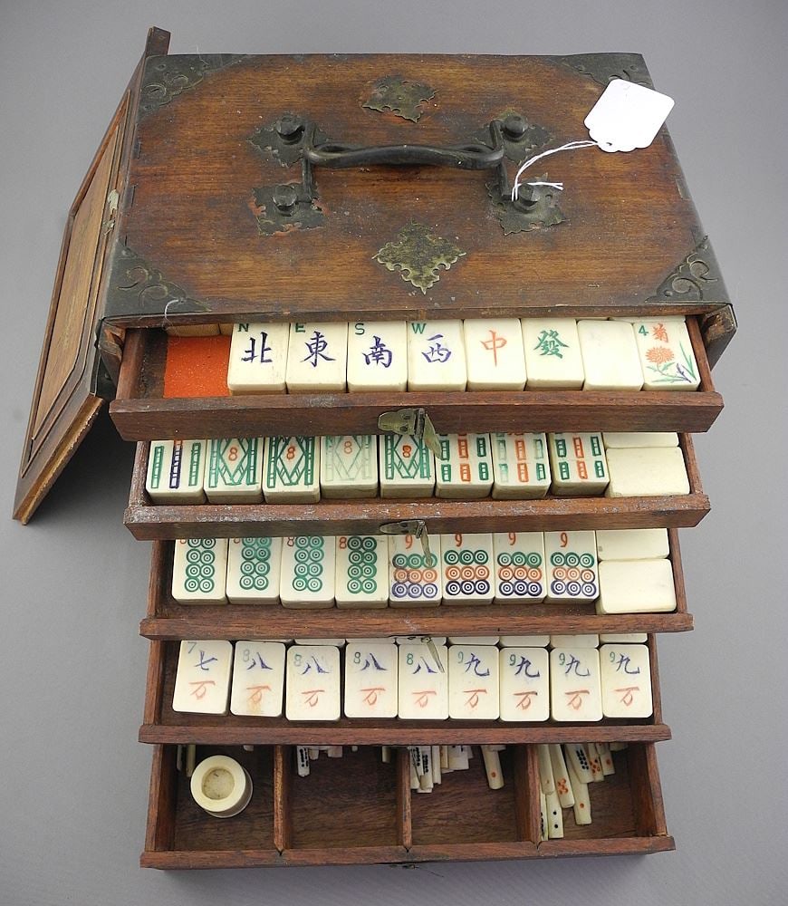 Bone & Bamboo Tile Mah Jong Set in Box, C.1900, 6 3/8 x 9 1/4 x 6 1/2". (1 of 6)