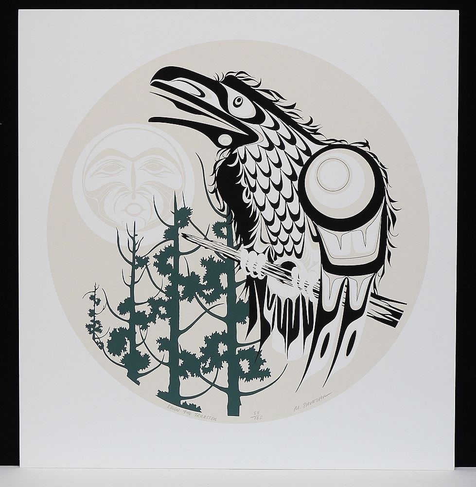 Coast Salish Serigraph signed M. (Manuel) Salazar, 21 x 20" "Raven The Trickster" #58/165. (1 of 2)