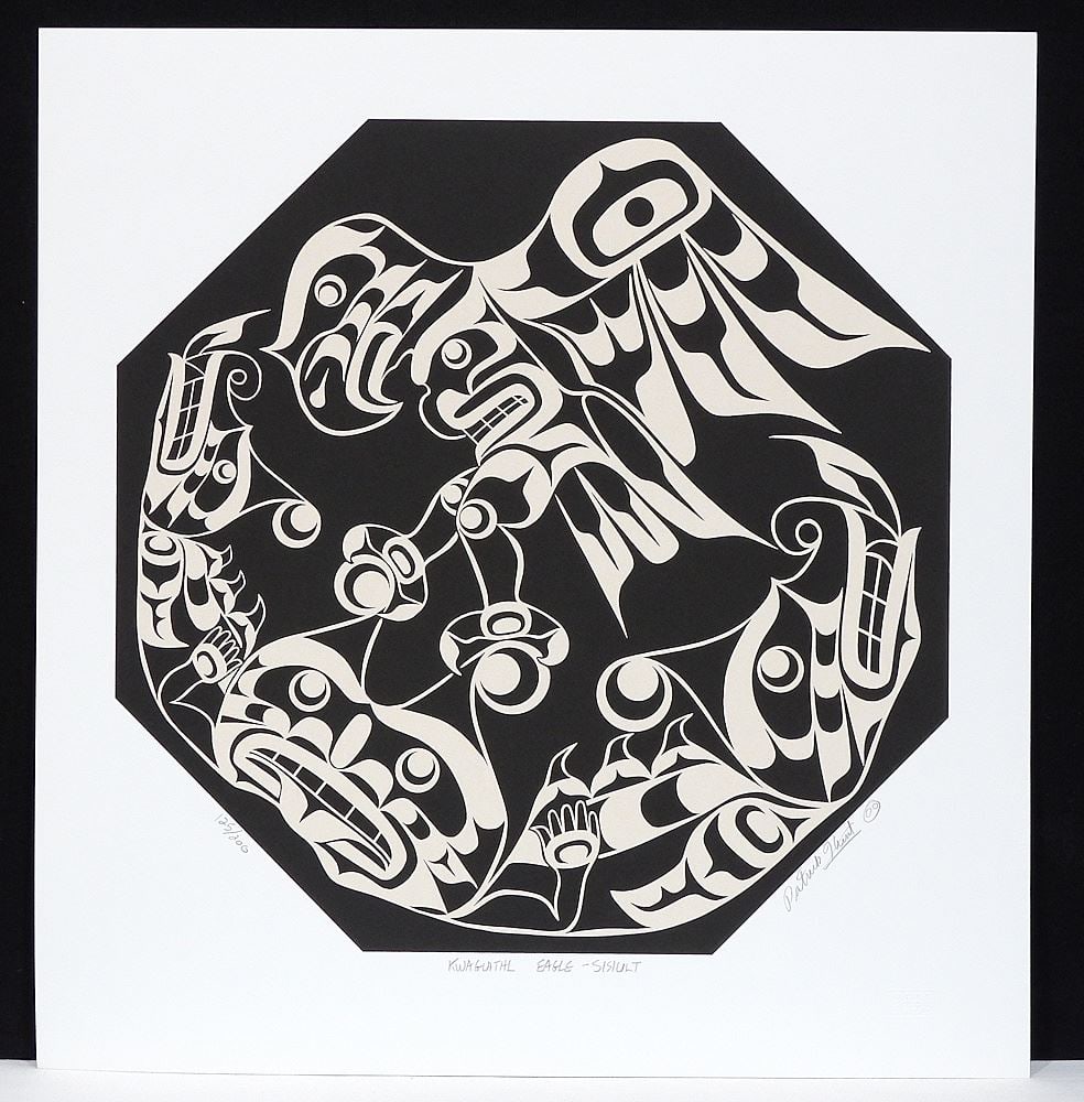 Kwagiulth Serigraph signed Patrick Hunt '00, 19 1/4 x 18 1/2" #125/200 "Kwagiulth Eagle-Sisiult".: Kwagiulth Serigraph signed Patrick Hunt '00, 19 1/4 x 18 1/2" #125/200 "Kwagiulth Eagle-Sisiult".