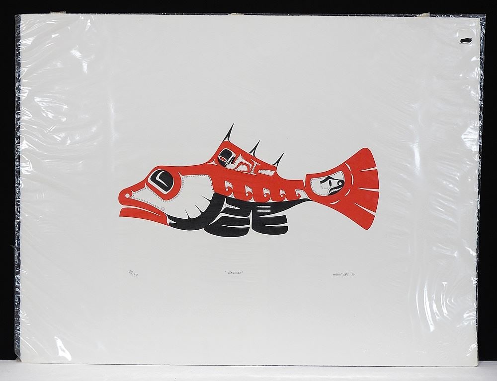 Nuu-Chah-Nulth Serigraph signed Art Thompson, 19 3/4 x 25 7/8" "Codfish" #51/100 '77 (unframed).: Nuu-Chah-Nulth Serigraph signed Art Thompson, 19 3/4 x 25 7/8" "Codfish" #51/100 '77 (unframed).