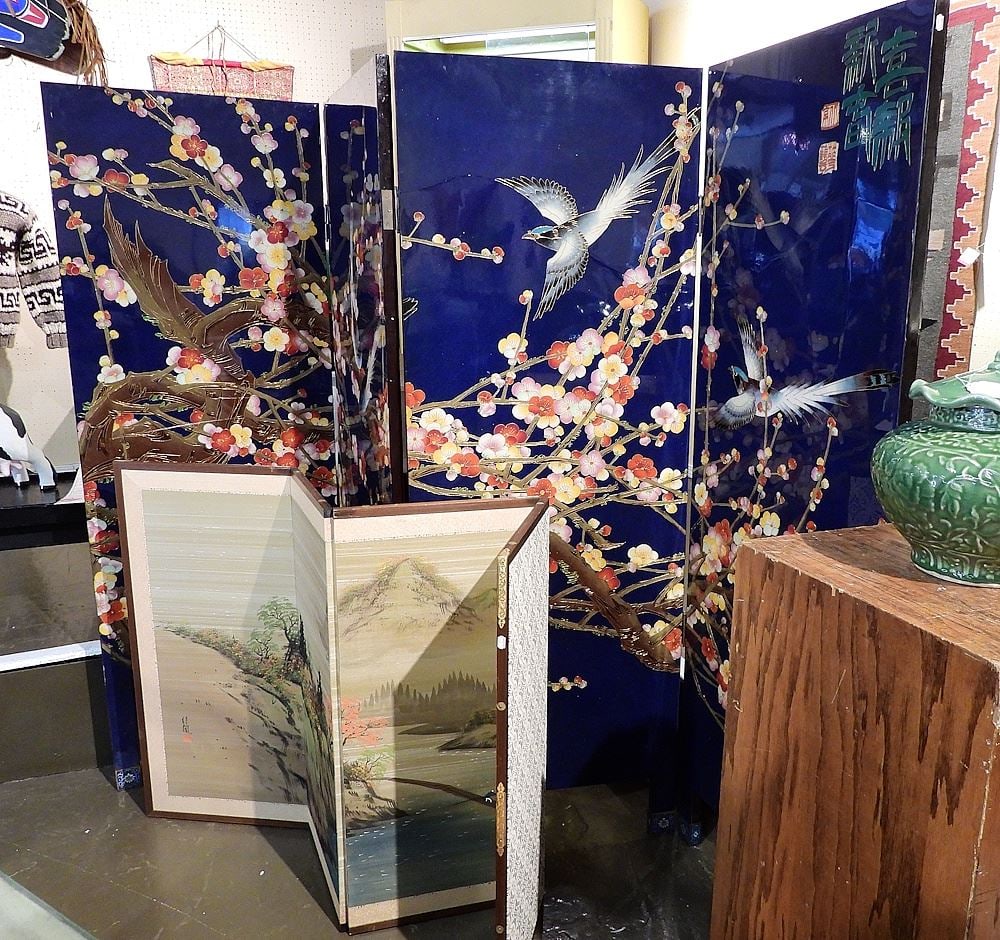 Chinese Four Panel Cloisonne Lacquer & Cloisonne Screen, Panels 69 x 24 1/2 x 1 1/8" (splits noted (1 of 3)