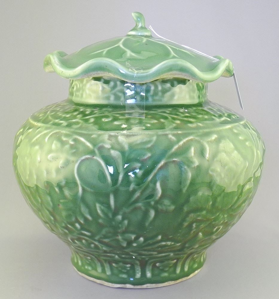 Chinese Reproduction Song Style Green Glazed Porcelain Covered Jar, 11"h.: Chinese Reproduction Song Style Green Glazed Porcelain Covered Jar, 11"h.