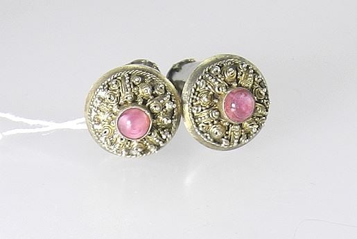 Old Burmese Gilded Silver & Ruby Plug Earrings, 7g.: Old Burmese Gilded Silver & Ruby Plug Earrings, 7g.