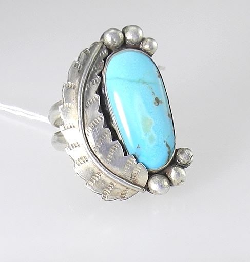 Vintage Navajo Sterling Kingsman Turquoise Feather Design Ring, 14.6g (1 of 2)