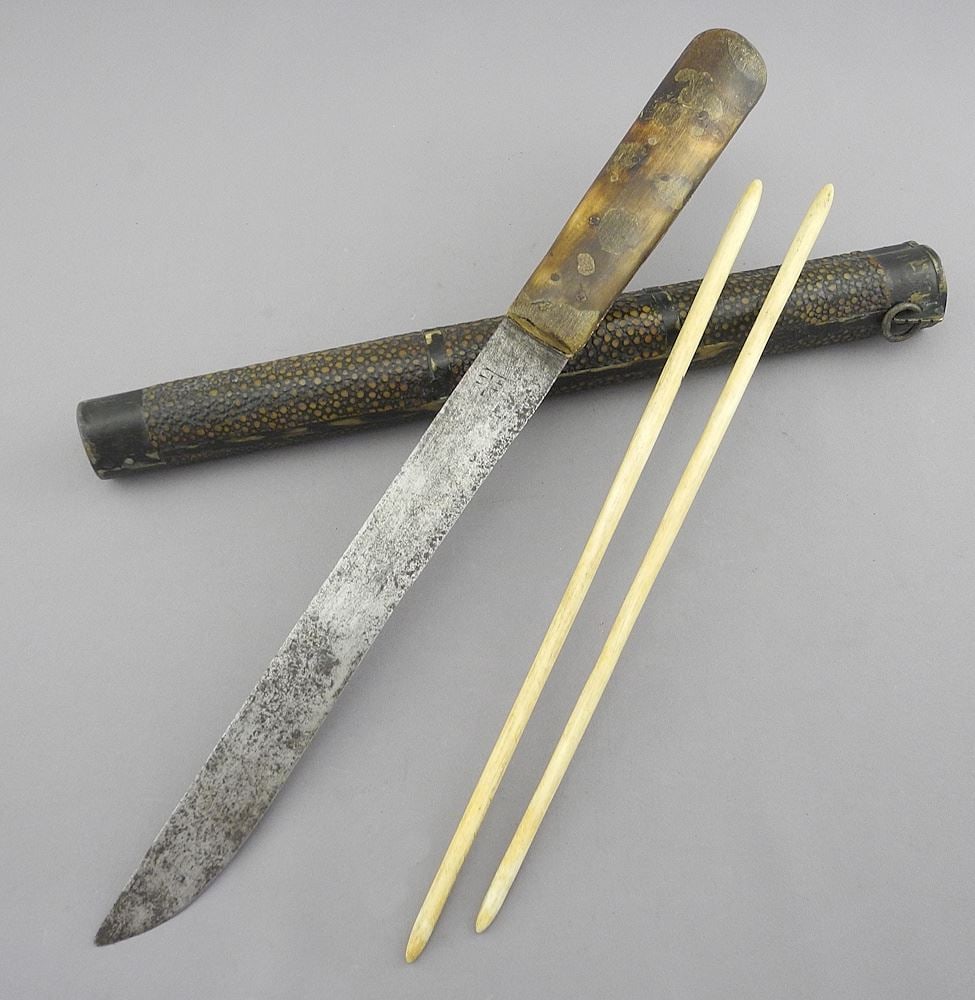 Chinese Shagreen Travel Set, Knife/ Scabbard/Chopsticks, 15"L. (1 of 4)