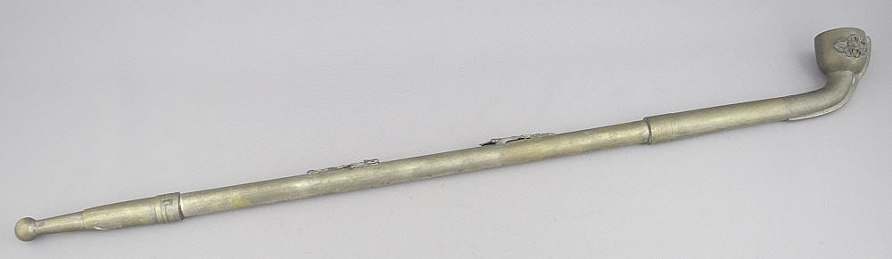 Bronze Extendable Opium Pipe with Carved Designs, 21 3/8" Closed, Acquired in China. (1 of 7)