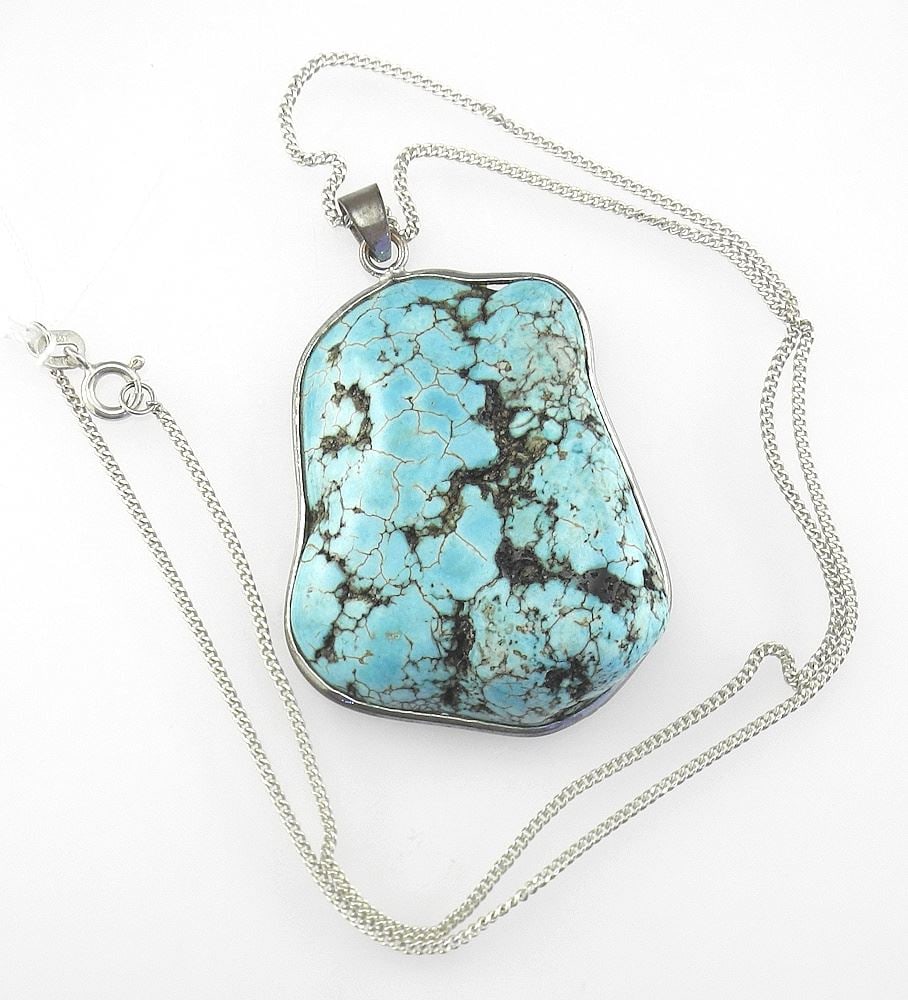 Old Navajo Kingsman Turquoise Pendant (1 3/4 x 1 1/2 x 1/2") on Sterling Chain, 20"L.: Old Navajo Kingsman Turquoise Pendant (1 3/4 x 1 1/2 x 1/2") on Sterling Chain, 20"L.