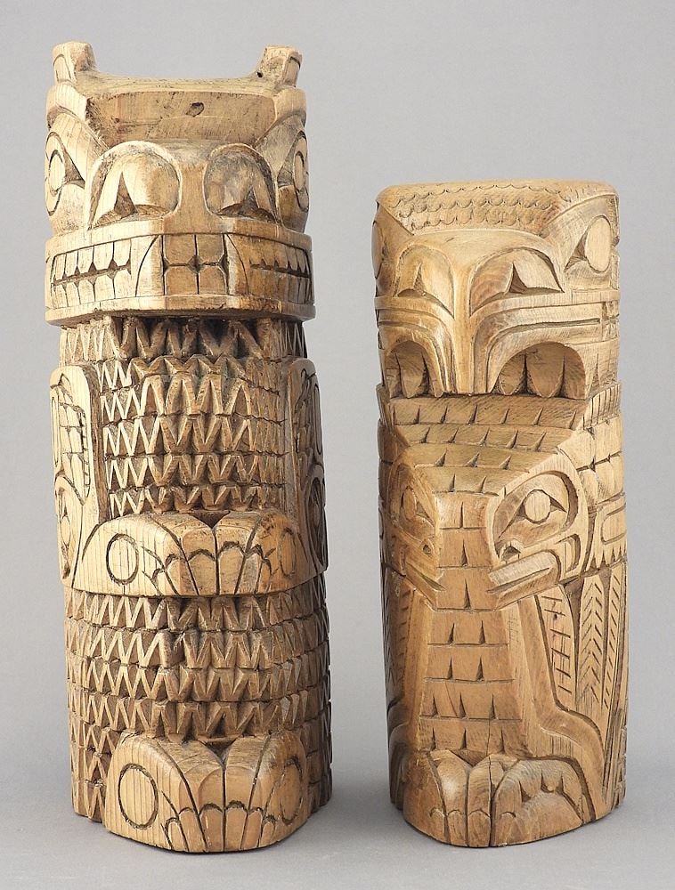 Two Totem Carvings signed Celeste Lauer, 9 3/4 & 8"h. (1 of 3)