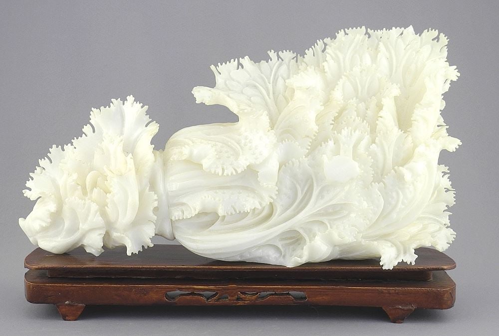 Chinese Carved White Stone "Cabbage" Sculpture, 13 3/4"L with Stand. (chipped variously) (12): Chinese Carved White Stone "Cabbage" Sculpture, 13 3/4"L with Stand. (chipped variously) (12)