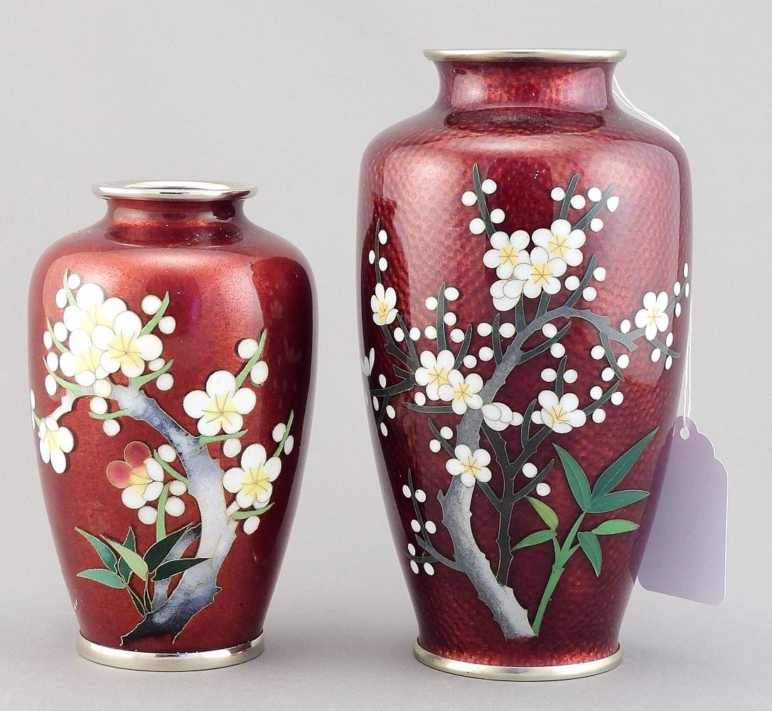 Two Japanese Akasuke Cloisonne Prunus Bough Vases, 4 5/8 & 6"h. (1 of 2)