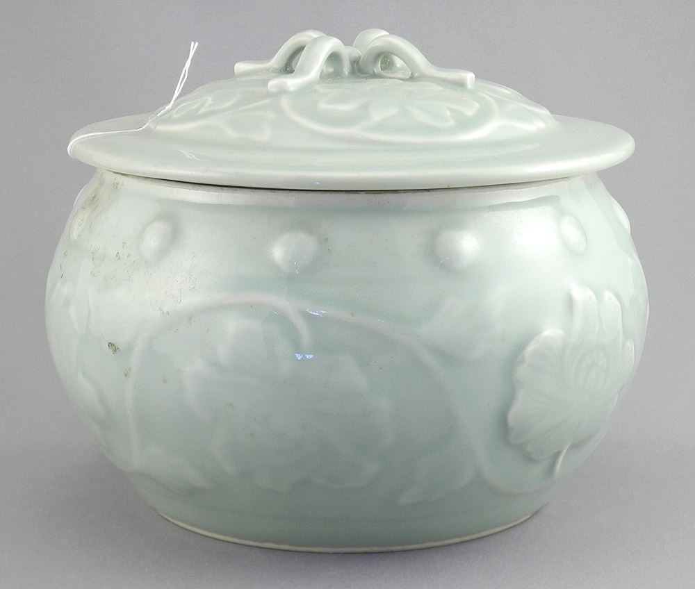 Contemporary Chinese Celadon Porcelain Drum Shaped Carved Bowl, 5 3/4"h.: Contemporary Chinese Celadon Porcelain Drum Shaped Carved Bowl, 5 3/4"h.