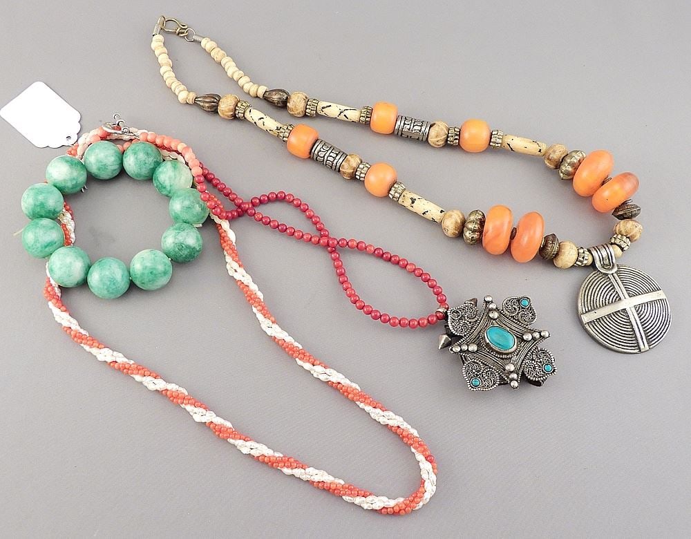 Collection of Ethnic Jewelry: Tibetan Turquoise & Filigree, Jade Bracelet, Amber, Coral.: Collection of Ethnic Jewelry: Tibetan Turquoise & Filigree, Jade Bracelet, Amber, Coral.